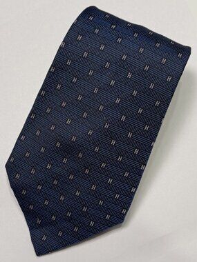 HERMES Dark Navy White H Pattern Print Silk Tie